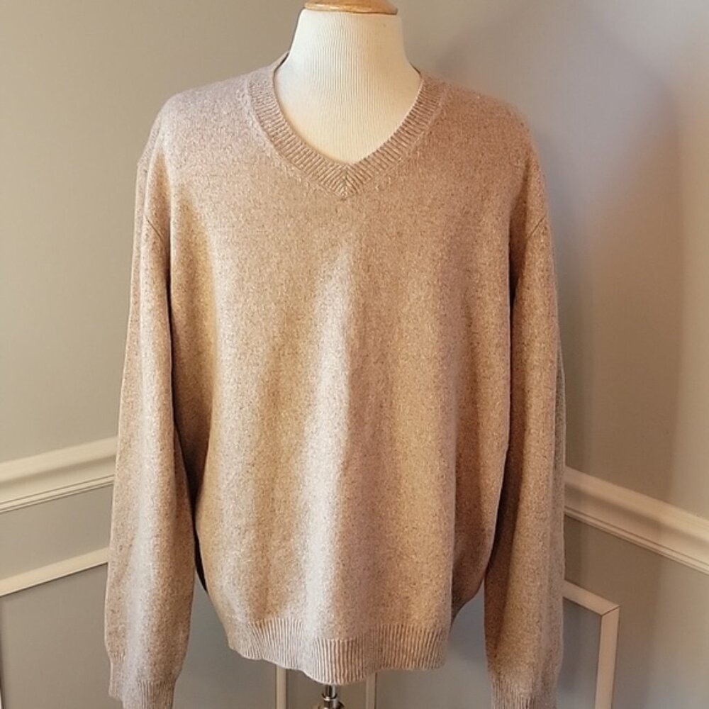 CLUB ROOM NeW Men's Tan Camel Heathered‎ 100% Lambswool V-Neck Pull Over Sweater
